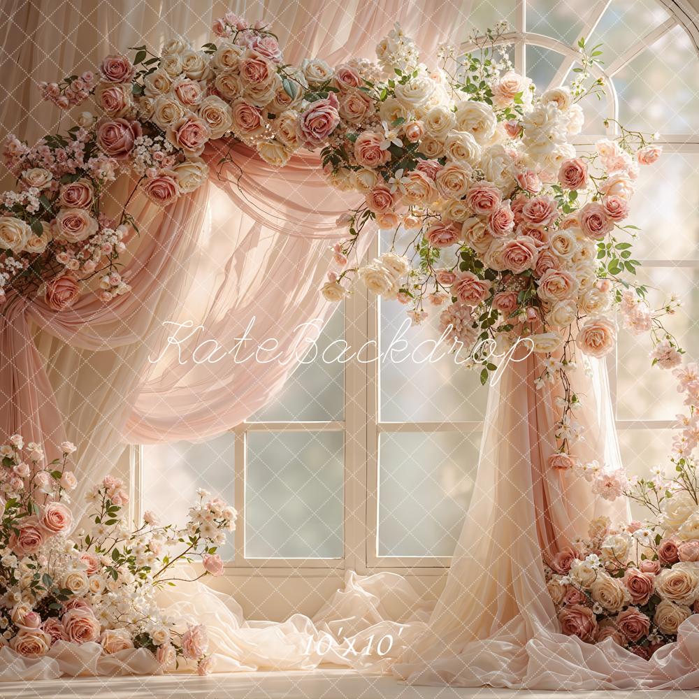 Kate Spring Flower Arch Blush Roses Drapes Window Printed Backdrop Designed by Emetselch