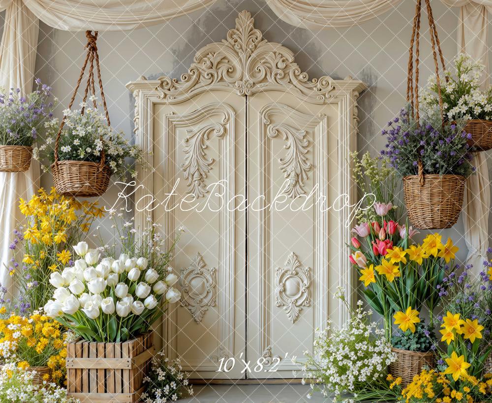 Kate Spring Flowers Retro Cream Door Hanging Baskets Printed Backdrop