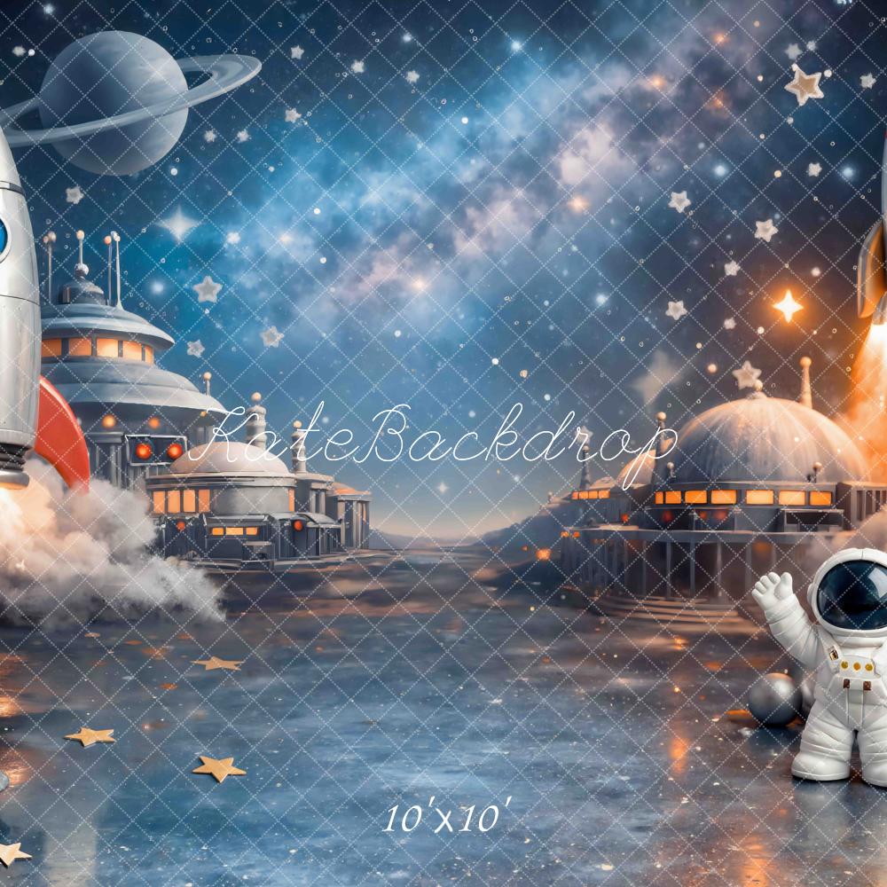 Kate Space Rocket Astronaut Planets Starry Sky Printed Backdrop Designed by Mini MakeBelieve