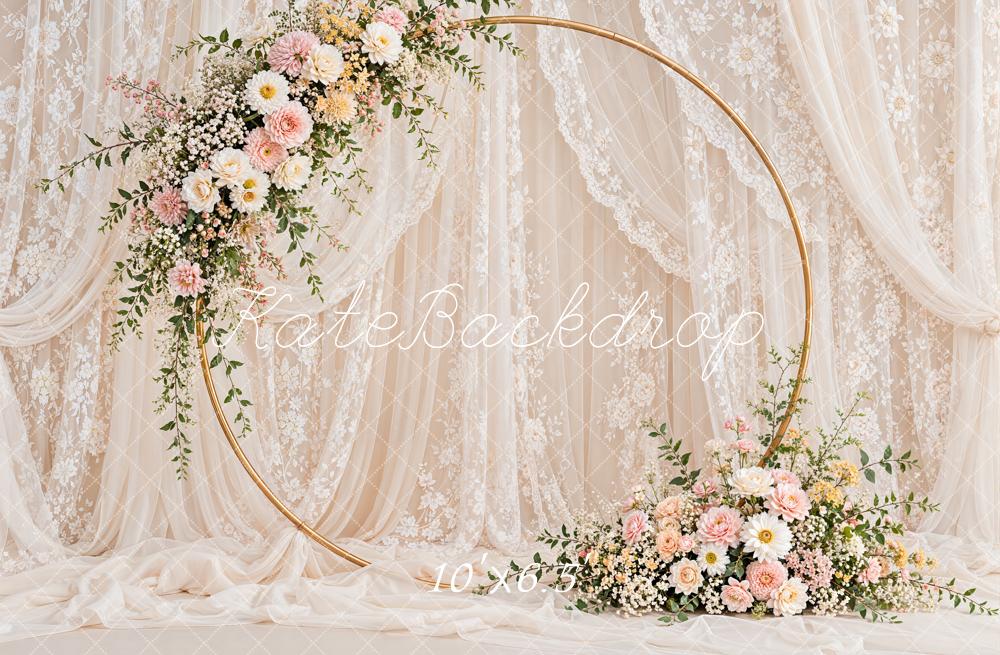 Kate Romantic Wedding Floral Hoop Lace Drapery Printed Backdrop Designed by Emetselch