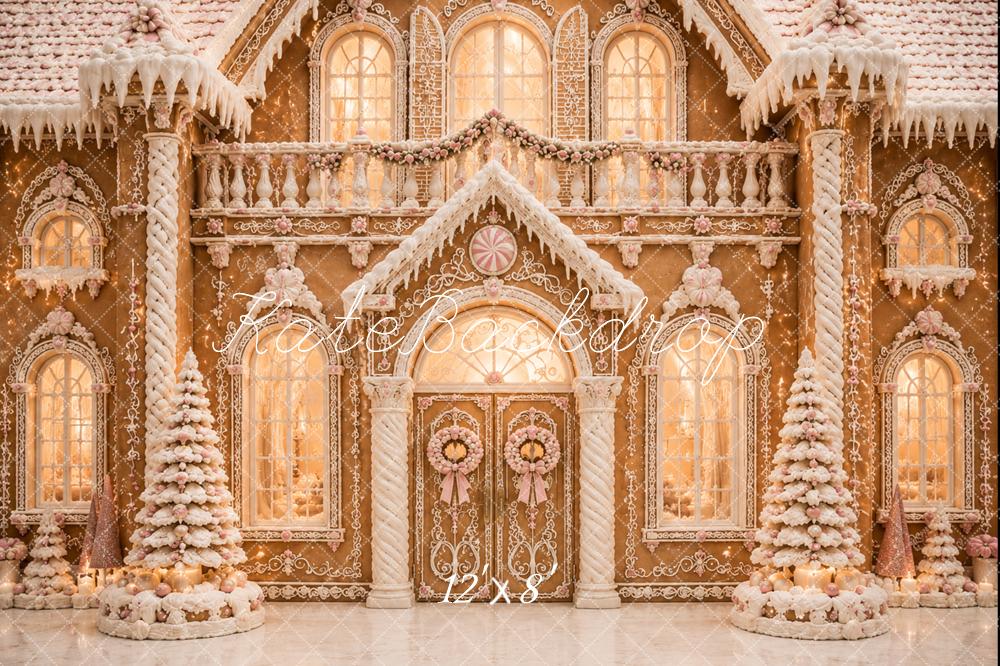 Kate Christmas Snowy Gingerbread Palace Printed Backdrop Designed by Caitlin Lynch