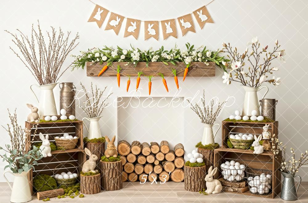 Kate Easter Bunny Rustic Carrots White Eggs Floral Fireplace Backdrop Designed by Patty Roberts