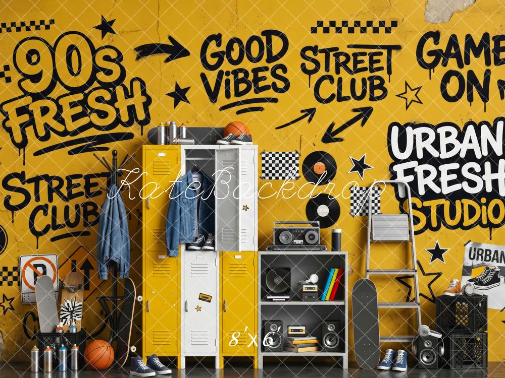 Kate School 90s Yellow Graffiti Locker Street Club Printed Backdrop Designed by Patty Roberts