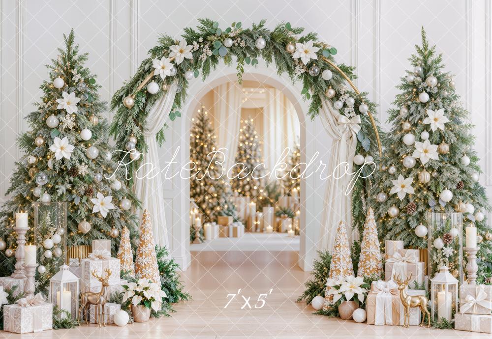 Kate Christmas Poinsettia Greenery Arch Decorated Trees Printed Backdrop Designed by Mini MakeBelieve
