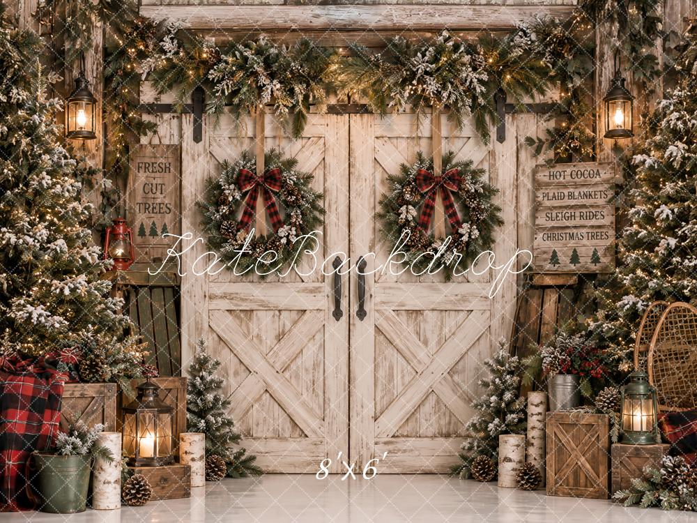 Kate Christmas Rustic Barn Doors Lodge Evergreen Wreaths Printed Backdrop Designed by Ashley Paul