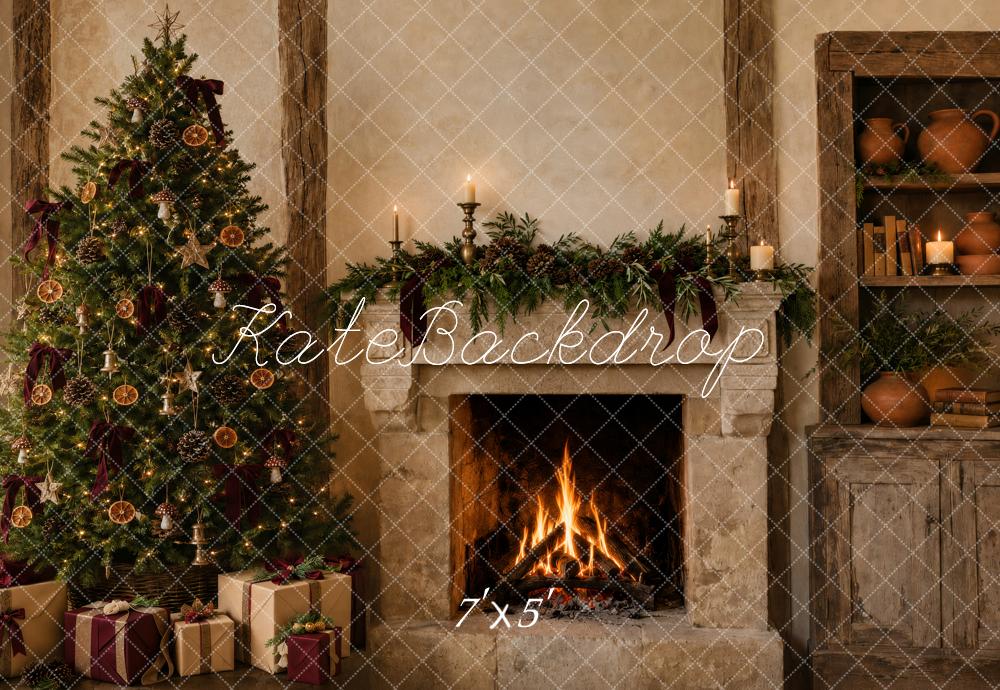 Kate Christmas Rustic Fireplace Tree Cabinet Printed Backdrop Designed by Vertigo Productions