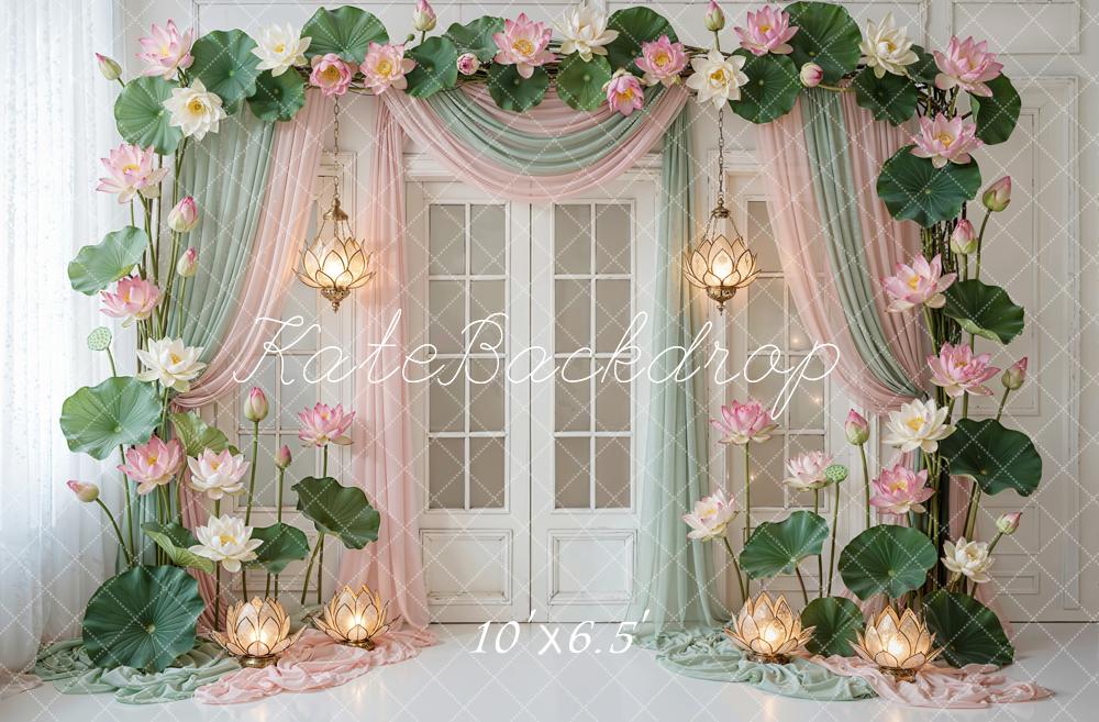 Kate Summer Lotus Flower Arch Pastel Drapes Printed Backdrop Designed by Emetselch