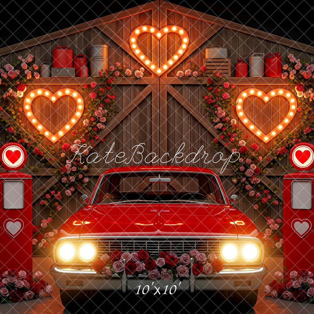 Kate Valentine's Day Red Car Heart Gas Pump Barn Roses Backdrop Designed by Patty Roberts