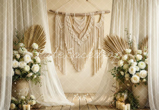Kate Mother's Day Boho Macrame Flower Arch Dried Palm White Roses Printed Backdrop Designed by Chain Photography