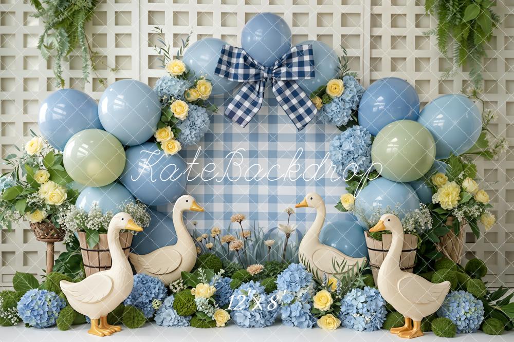 Kate Cake Smash Blue Balloons Silly Goose Florals Gingham Bow Backdrop Designed by Emetselch