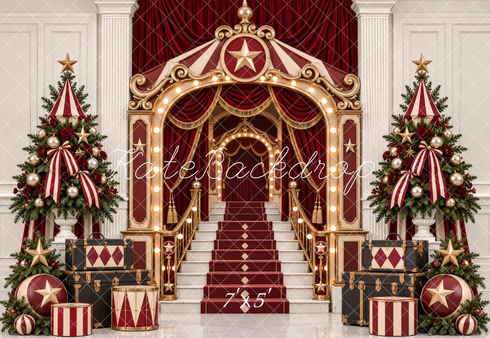 Kate Christmas Circus Staircase Theatrical Entrance Christmas Trees Printed Backdrop Designed by Emetselch