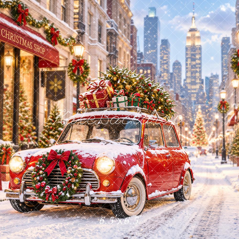 Kate Christmas Snowy City Street Red Car Shop Printed Backdrop Designed by Emetselch