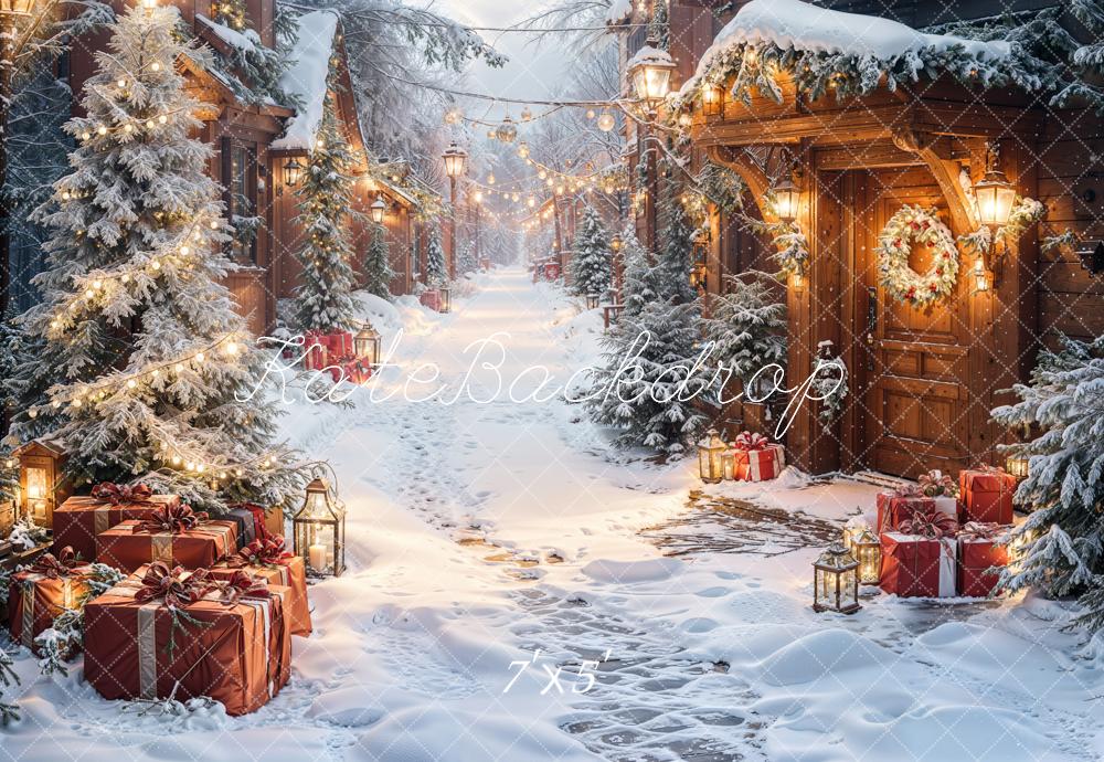 Kate Christmas Snowy Village Pine Trees Gifts Lanterns Backdrop Designed by Emetselch