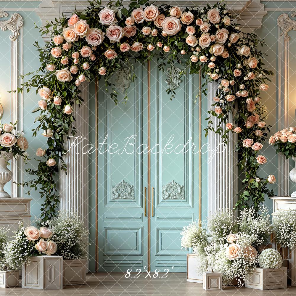 Kate Spring Flower Arch Blue Ornate Wall Printed Backdrop Designed by Mini MakeBelieve