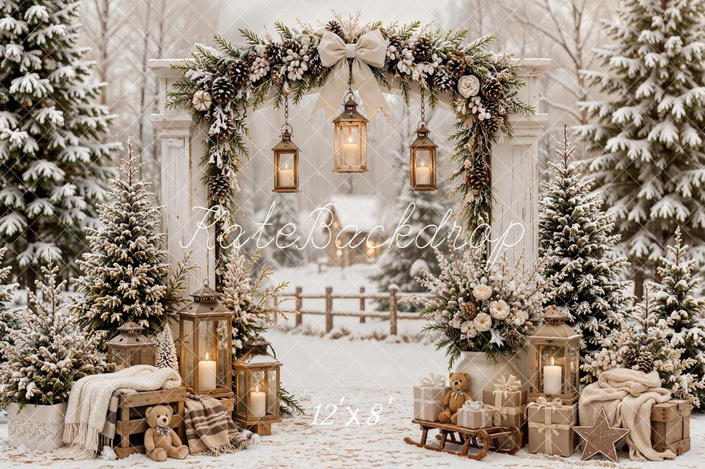 Kate Christmas Snowy Forest Arch Lanterns Gifts Sled Plaid Printed Backdrop Designed by Emetselch
