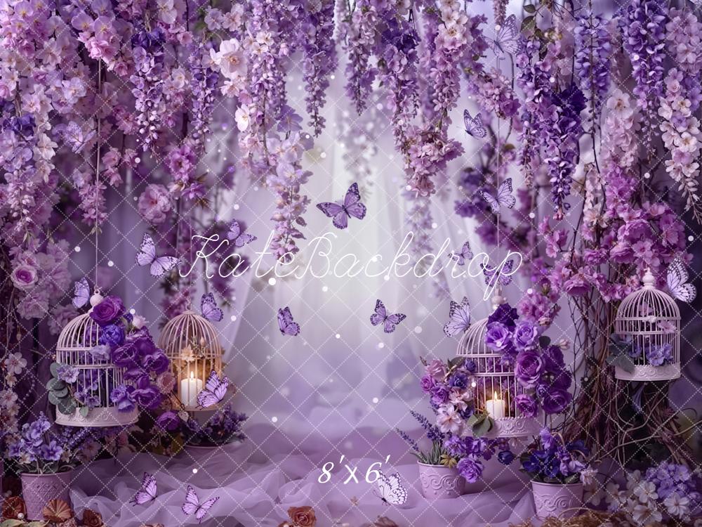Kate Spring Purple Flower Arch Butterflies Birdcages Printed Backdrop Designed by Emetselch