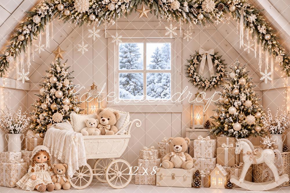 Kate Christmas Trees Beige Nursery Teddy Bears Baby Carriage White Printed Backdrop Designed by Emetselch