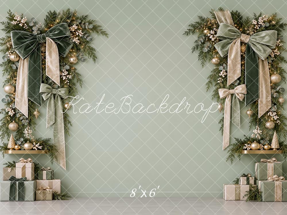 Kate Christmas Sage Green Wreath Velvet Bows Printed Backdrop Designed by Vertigo Productions