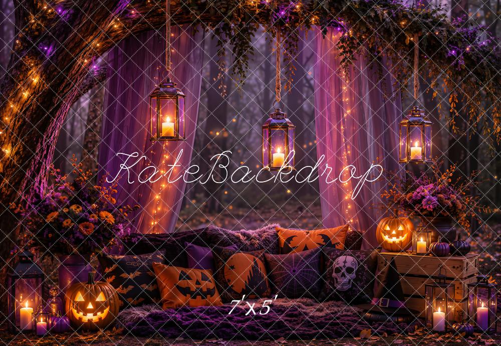 Kate Halloween Night Branch Arch Purple Drapes Pillows Lanterns Pumpkin Printed Backdrop Designed by Emetselch