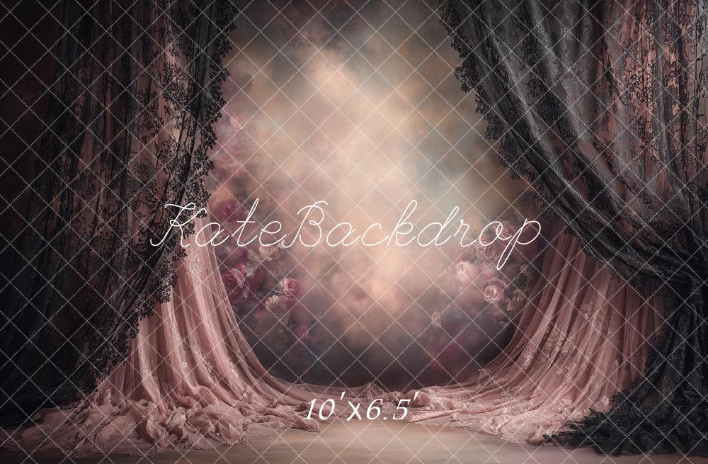 Kate Boudoir Pink Black Lace Curtains Floral Printed Backdrop Printed Backdrop Designed by Angela Miller