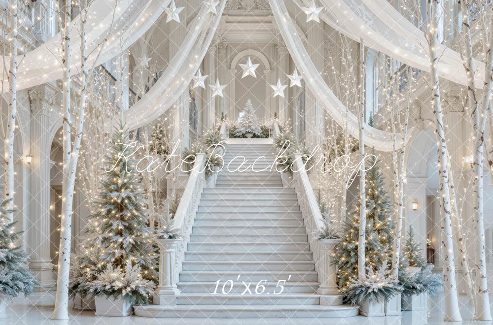Kate Christmas Winter Wonderland Staircase Christmas Trees White Printed Backdrop Designed by Mini MakeBelieve