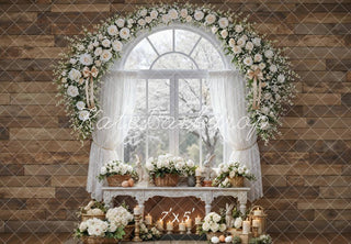Kate Easter Bunny Flower Arch Window Wood Wall Printed Backdrop Designed by Mini MakeBelieve