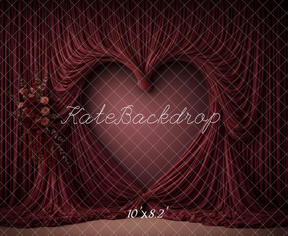 Kate Valentine's Day Burgundy Heart Draped Curtains Floral Printed Backdrop Designed by Ashley Ward