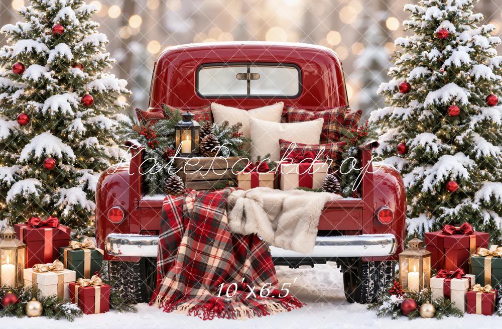 Kate Christmas Red Vintage Truck Snowy Trees Plaid Blanket Printed Backdrop Designed by Emetselch
