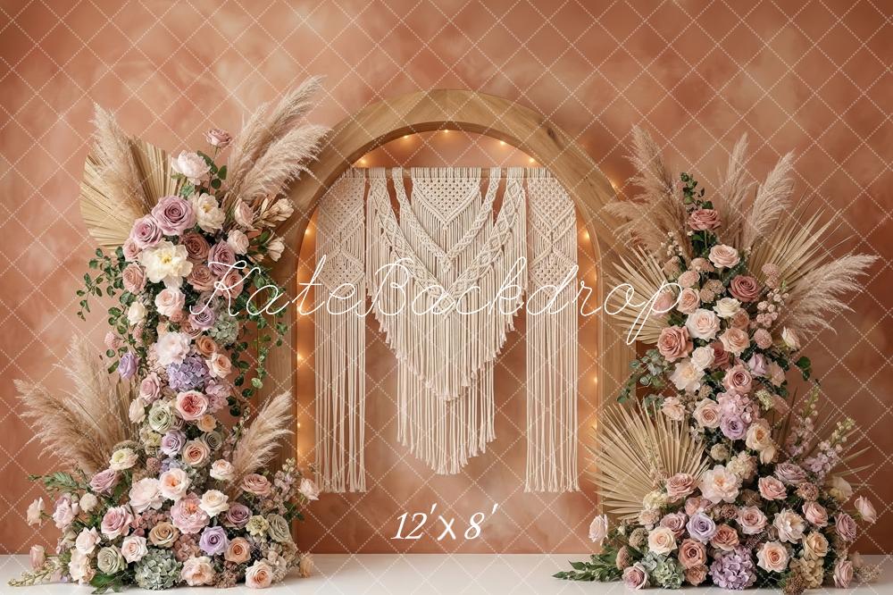 Kate Boho Arch Macrame Pampas Grass Pastel Flowers Printed Backdrop Designed by Patty Roberts