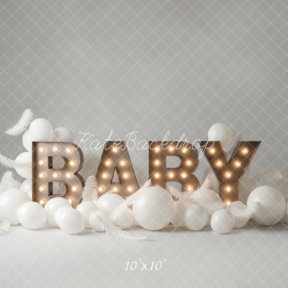 Kate Birthday Baby Marquee Letters White Balloons Feathers Backdrop Designed by Emetselch