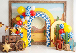 TEST Kate Cake Smash Western Cow Arch Cactus Balloons Printed Backdrop Designed by Mini MakeBelieve