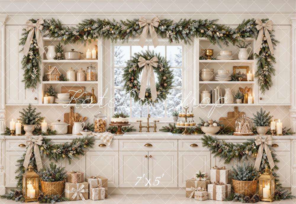 Kate Christmas Kitchen Cream Garland Bows Window Printed Backdrop Designed by Emetselch