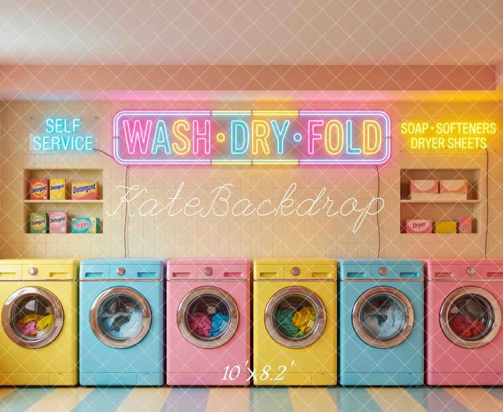 Kate Pastel Laundry Machines Neon Signs Printed Backdrop Designed by Patty Roberts