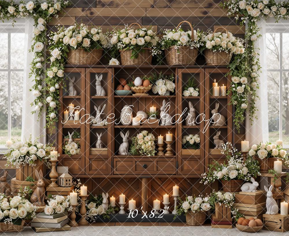 Kate Easter Bunny Wooden Cabinet Flowers Candles Backdrop Designed by Mini MakeBelieve