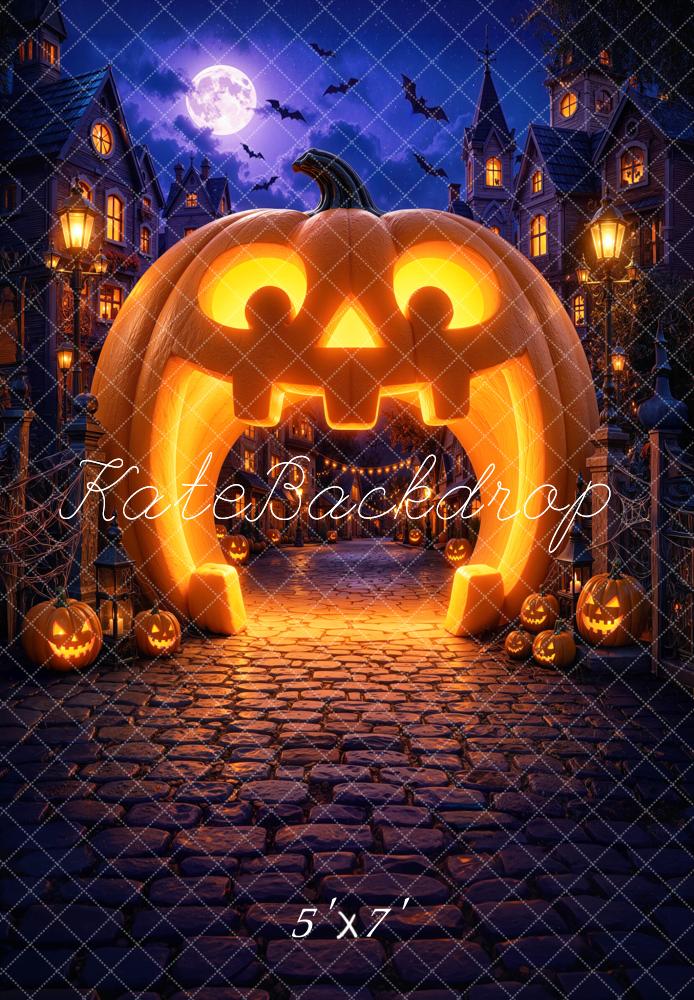 Kate Halloween Trunk or Treat Pumpkin Arch Haunted Village Cobblestone Printed Backdrop Designed by Mini MakeBelieve