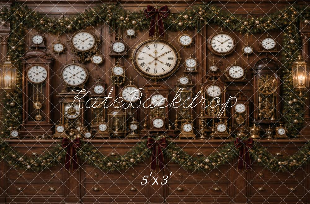 Kate Christmas Vintage Clock Wall Antique Garland Brown Printed Backdrop Designed by Vertigo Productions