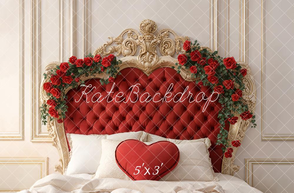 Kate Valentine's Day Red Headboard Roses Heart Pillow Backdrop Designed by Emetselch