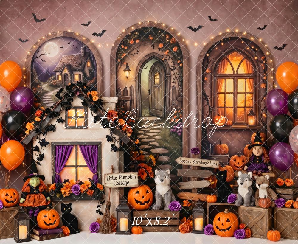 Kate Halloween Birthday Storybook Haunted Houses Pumpkins Printed Backdrop Designed by Patty Roberts