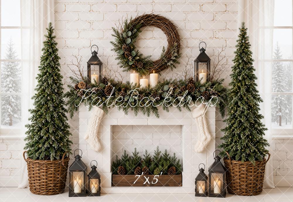Kate Christmas Fireplace Minimalist Pine Trees Wreath Lanterns Printed Backdrop Designed by Emetselch