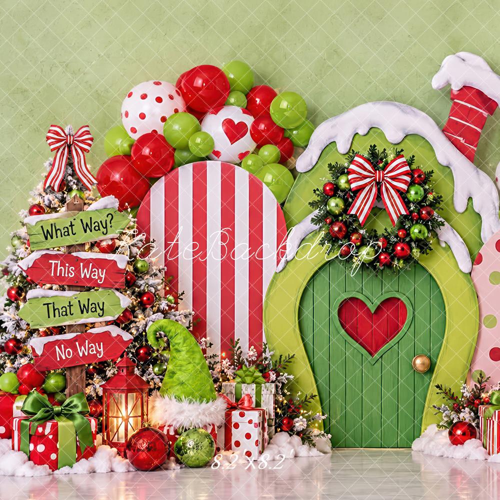 Kate Christmas Cake Smash Green Elf Door Candy Cane House Printed Backdrop Designed by Laura Bybee