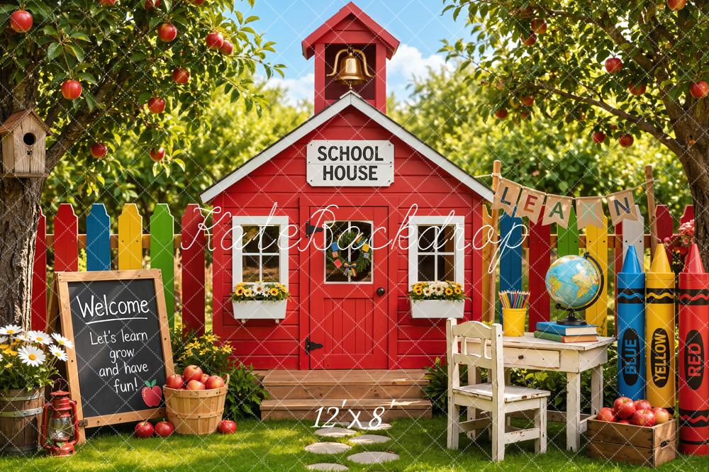 Kate Back to School Red Schoolhouse Apple Trees Crayons Desk Printed Backdrop Designed by Emetselch