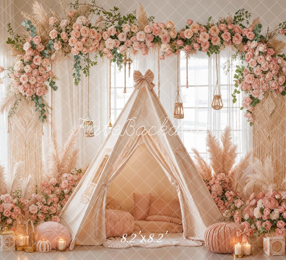 Kate Boho Flower Arch Teepee Pink Floral Macrame Backdrop Designed by Emetselch