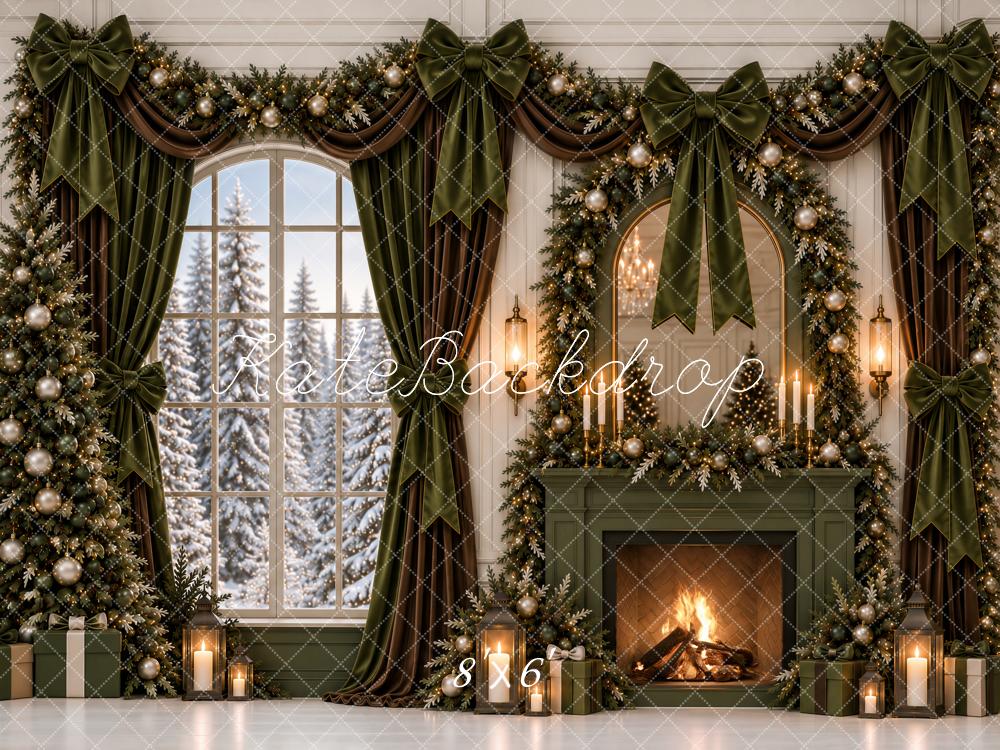 Kate Christmas Olive Green Fireplace Mirror Garland Bows Window Snowy Printed Backdrop Designed by Ashley Paul