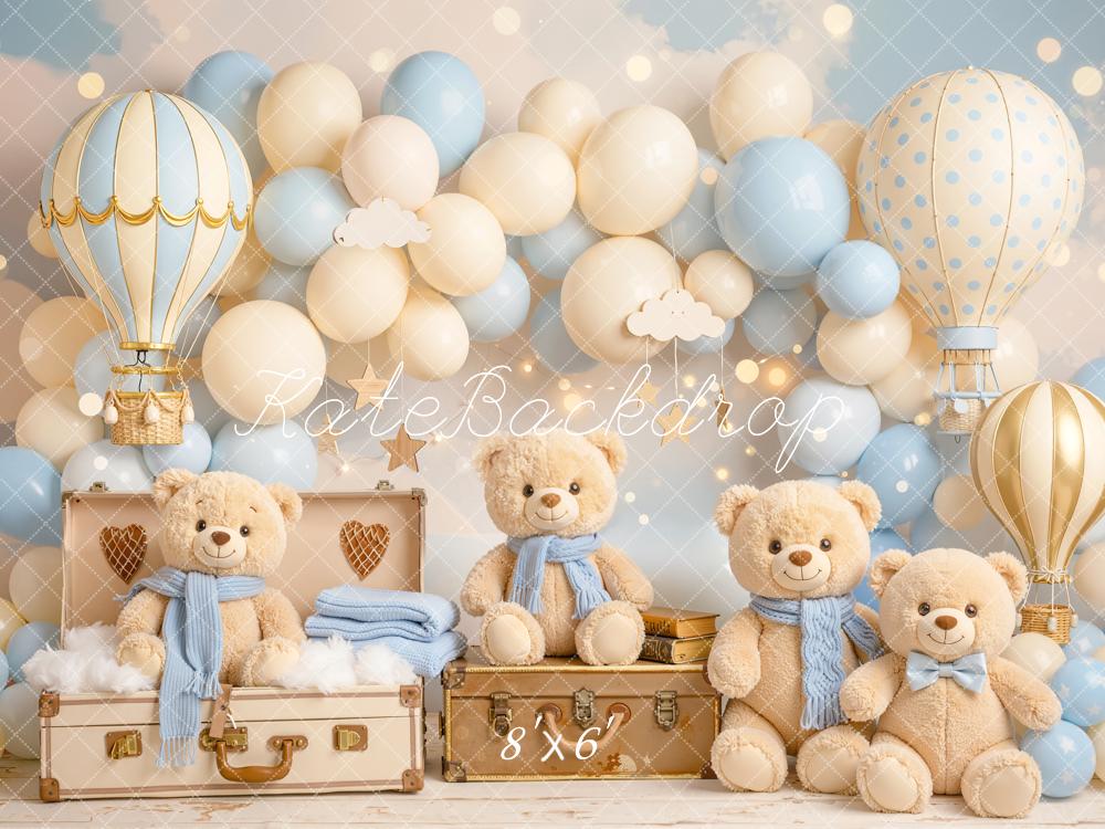 Kate Cake Smash Hot Air Balloon Teddy Bear Balloon Arch Blue Backdrop Designed by Chain Photography