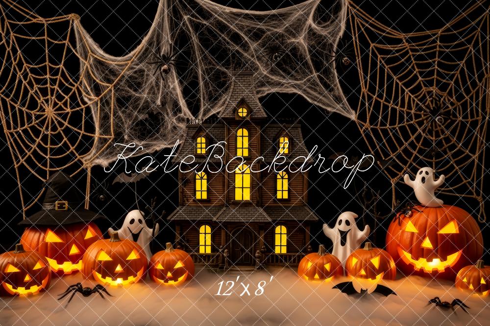 Kate Halloween Haunted House Pumpkins Ghosts Spider Webs Backdrop Designed by Patty Roberts