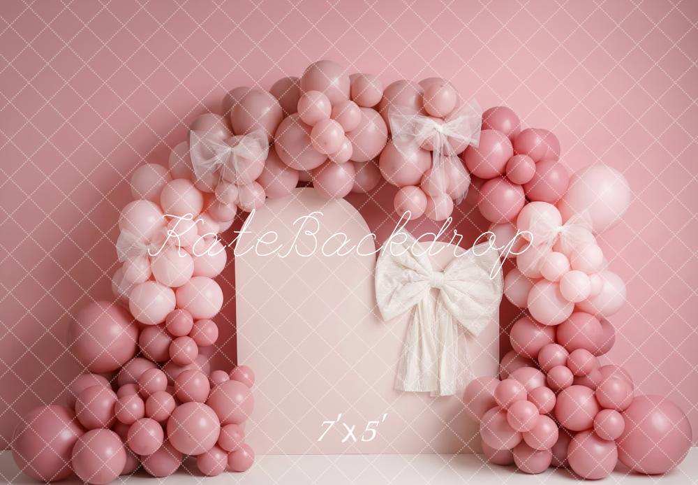 Kate Cake Smash Pink Balloon Arch and White Bow Printed Backdrop Designed by Patty Roberts