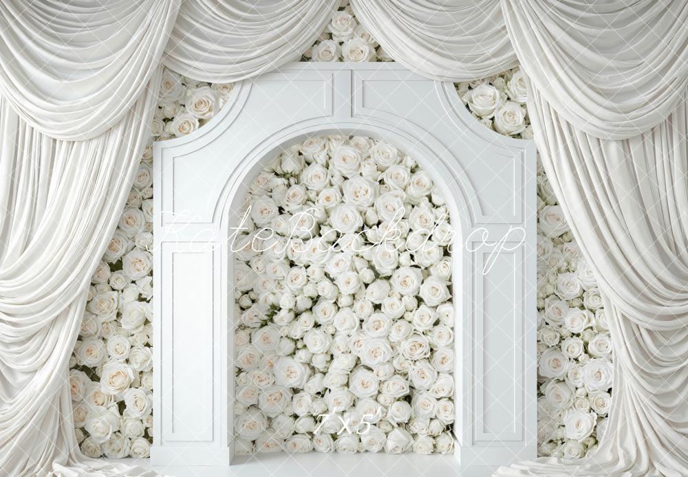 Kate White Flower Arch Draped Curtains Printed Backdrop Designed by Mini MakeBelieve