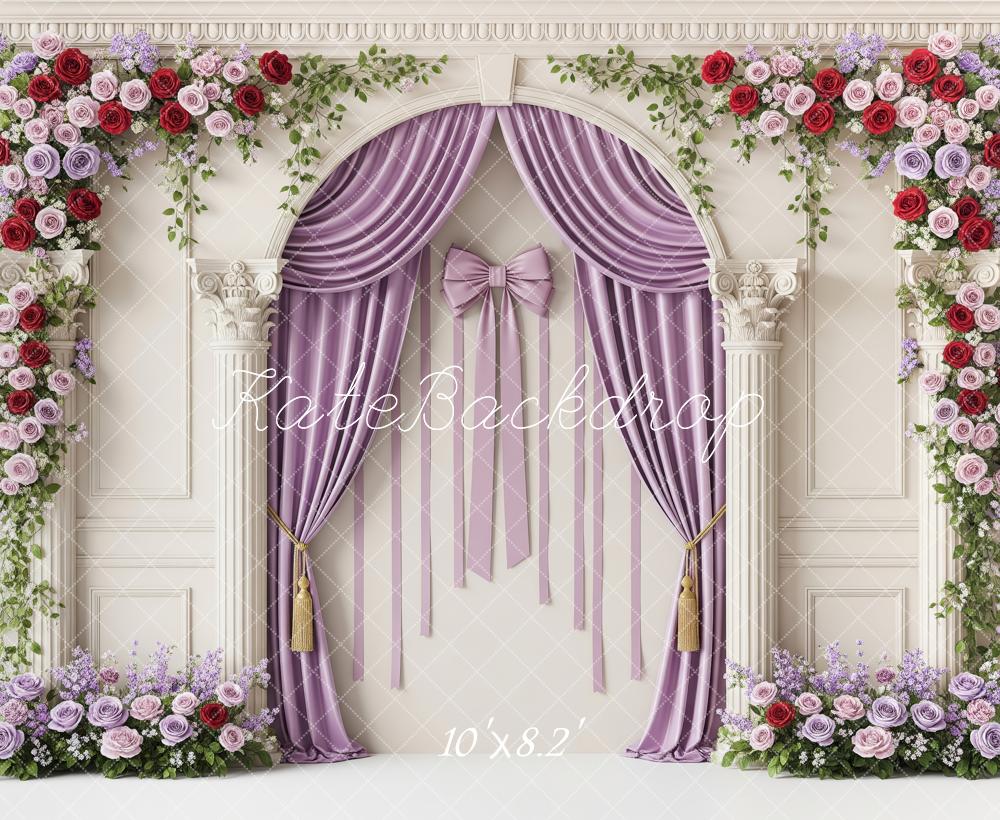 Kate Spring Flower Arch Purple Roses Curtains Columns Backdrop Designed by Patty Roberts