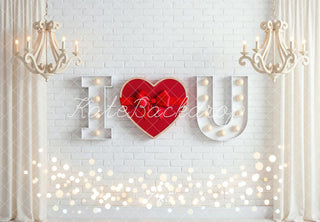 Kate Valentine's Day I Love You Red Heart White Brick Wall Chandeliers Printed Backdrop Designed by Mini MakeBelieve