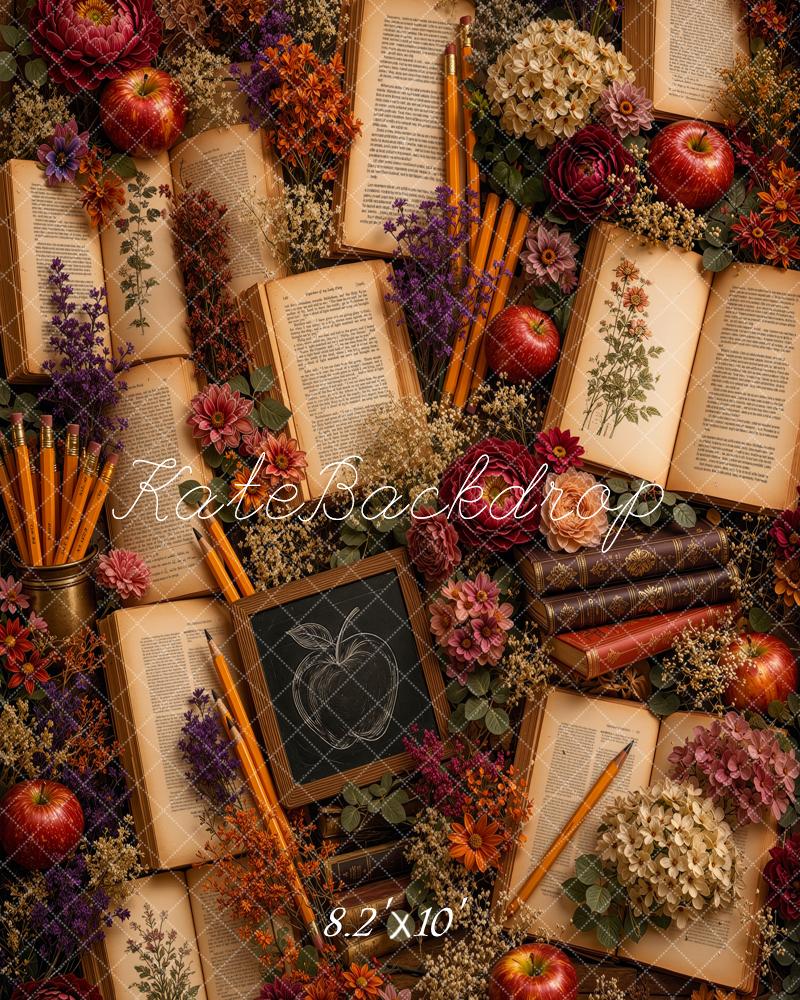 Kate Back to School Botanical Books Apples Flowers Chalkboard Printed Backdrop Designed by Ashley Ward